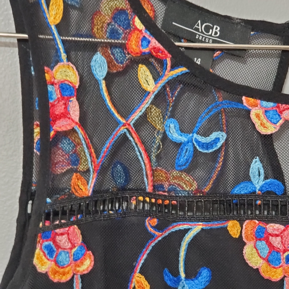 AGB Black Midi Dress with Multicolor Embroidered Floral Design Size 14 - Picture 3 of 11